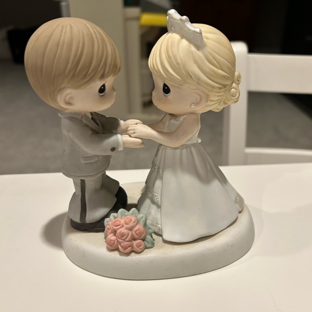 Precious Moments Bride and Groom Figurine with Pink and Cream Accents